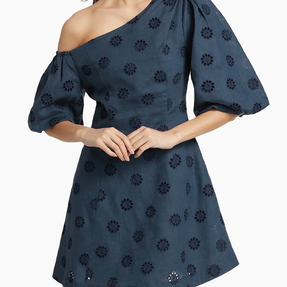 Figue One-Shoulder Navy Eyelet Dress